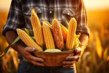 Farmer holding basket of fresh corn on blurred background with text space for creative placement