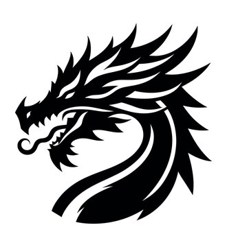 Traditional Chinese Dragon head vector illustration logo and tattoo template silhouette outline graphic isolated on white background.