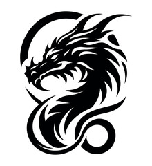 Dragon head vector illustration logo and tattoo template silhouette outline graphic isolated on white background.