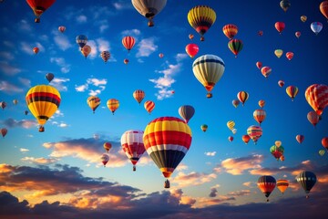 Obraz premium Beautiful hot air balloons against the sky, aerial view of rising balloons on cloudscape.