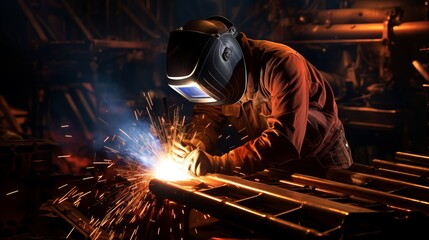 Experienced worker engaged in the process of arc welding using an electric arc welder - obrazy, fototapety, plakaty