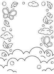 Butterflies, leaves, clouds. Sky. Background, coloring page, black and white vector illustration.