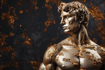 Fototapeta na wymiar A beautiful ancient gold greek, roman stoic male statue, sculpture on a golden backdrop. Great for philosophy quotes.