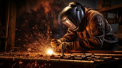 Experienced worker performing precise welding with an arc welder, creating sparks and melting metal - obrazy, fototapety, plakaty