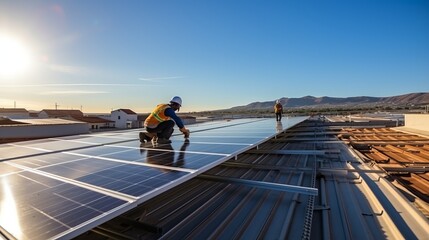 Efficient engineer ensuring solar panel performance at a renewable energy power plant - obrazy, fototapety, plakaty