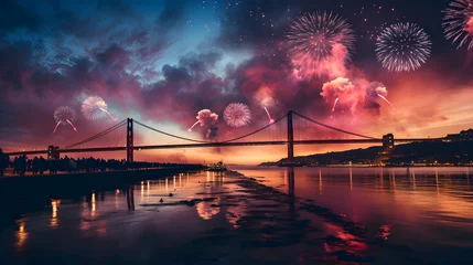 Photo sur Aluminium Brooklyn Bridge Lisbon's New Year's Eve Fireworks over the 25 de Abril Bridge