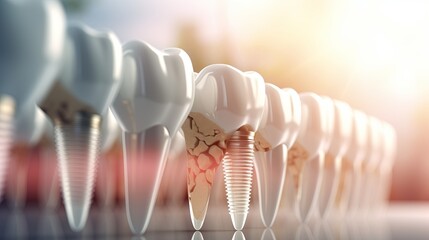 Close up of a dental implant on a blurred defocused background with ample space for text placement - obrazy, fototapety, plakaty