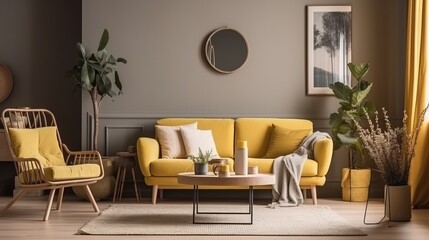 373. Warm and cozy living room interior with mock up poster frame, beige sofa, stylish armchair, yellow wall, plants with flowerpots, gray coffee table and personal accessories. Home decor. Template. 