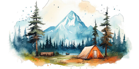 Camping in the forest. Watercolor painting of tent in mountain forest isolated on transparent background. Watercolor camping hand drawn - obrazy, fototapety, plakaty