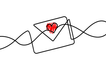 Continuous line drawing of envelope with red heart. Template for love cards. Isolated on white background. Vector illustration.