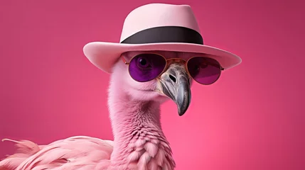  Fashionable pink flamingo with hat and sunglasses in studio shot on blurred background © Ilja