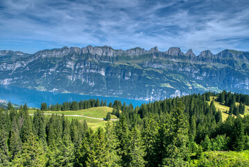 Alpine landscape with the Churfirsten mountain range. Canton St. Gallen, Switzerland