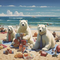 Orsi polari al mare, estate, divertimento - obrazy, fototapety, plakaty
