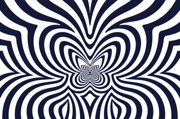 Waves radiating from the butterfly in the center. Composition of stripes with optical illusion. Op art background. Vector template