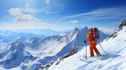 Fototapeta na wymiar Thrilling downhill skiing experience in breathtaking alpine landscape with blue sky backdrop