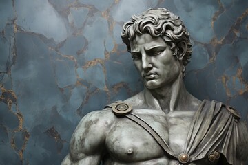 A beautiful ancient silver stone greek, roman stoic male statue, sculpture on a silver stone backdrop. Great for philosophy quotes.