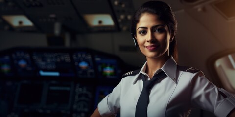 East Indian Female Airline Pilot Job Profession Attractive Backdrop Generative AI