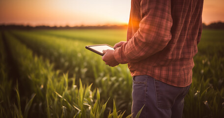 Mid section view of Male farmer using digital tablet to enter and compare data on crop field - obrazy, fototapety, plakaty