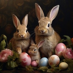 Fototapeta na wymiar Conigli di Pasqua festeggiano con le uova