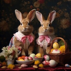 Fototapeta na wymiar Conigli di Pasqua festeggiano con le uova