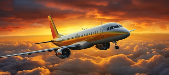 Commercial jetliner soaring above dramatic sunset clouds   travel and adventure concept