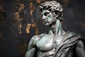 A beautiful ancient silver stone greek, roman stoic male statue, sculpture on a silver stone backdrop. Great for philosophy quotes.