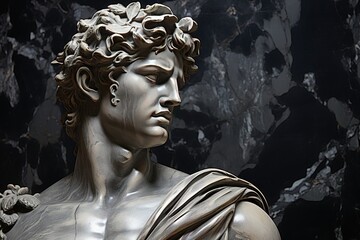 A beautiful ancient silver stone greek, roman stoic male statue, sculpture on a silver stone backdrop. Great for philosophy quotes.
