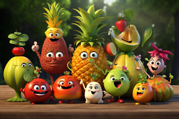 Fototapeta premium Vegetables and fruits in a new light as funny, stylized sketch cartoon characters. This playful collection of icons adds a dash of humor to your culinary palette. Generative AI.