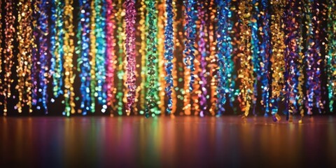 Multicolored Christmas tinsel dangles. Bright lights and a festive atmosphere.