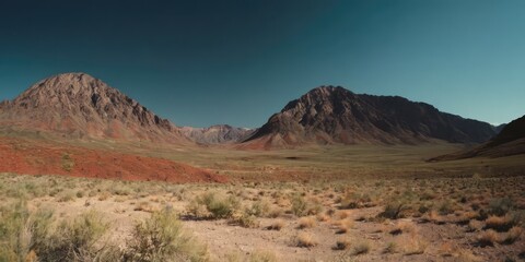 Fototapeta premium Deserted hills transition to mountains. Landscape of vegetation and mountains.