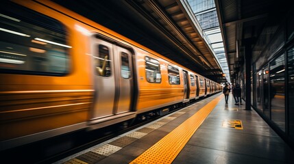 Sleek and futuristic modern subway train in motion against urban city backdrop during rush hour - obrazy, fototapety, plakaty