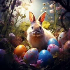 Coniglio di pasqua con uova dipinte, allegria, serenità, festa.