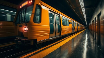 Sleek and futuristic urban subway train in motion, showcasing modern transportation design - obrazy, fototapety, plakaty