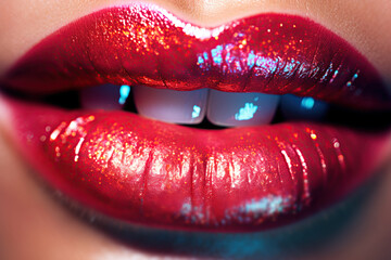 Obraz premium Glossy female lips with red lipstick on. Closeup macro shot. Generative Ai