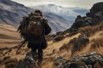 Fotobehang Embark on a captivating wilderness expedition as a skilled bison hunter treks through rough terrain, navigating rocky hills and sparse vegetation. Equipped with essential gear and a powerful rifle © Silvana