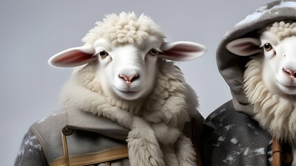 studio portrait of sheep dressed in winter clothes.