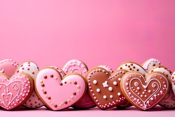 Heart shaped cookies, pink icing on love pastry baked and hand-decorated with love. Showing...
