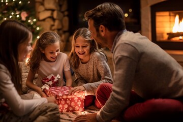 I bambini, in pigiama, aprono i regali di Natale davanti al caminetto, mentre i genitori sullo sfondo sorridono, guardandoli.