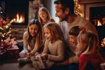 I bambini, in pigiama, aprono i regali di Natale davanti al caminetto, mentre i genitori sullo sfondo sorridono, guardandoli. - obrazy, fototapety, plakaty