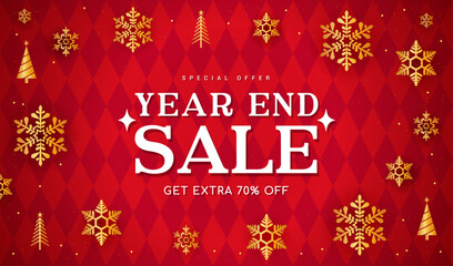 Year End Sale promotion vector illustration. Golden snowflakes on red diamond pattern background..