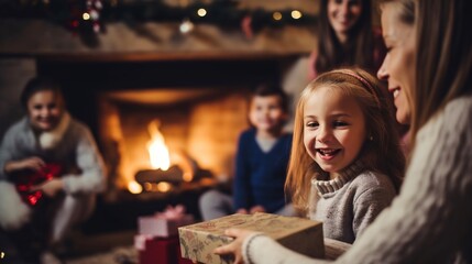 Famiglia felice scarta i regali di Natale in un atmosfera accogliente e serena, i bambini sono felici e i genitori orgogliosi. - obrazy, fototapety, plakaty