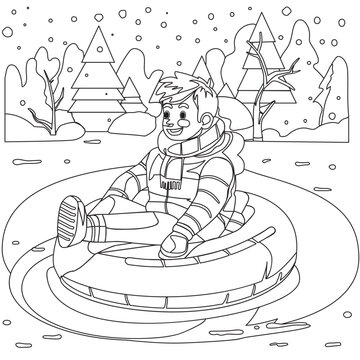 Boy sliding on an inflatable snow tube. Coloring Page