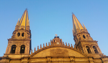 cathedral detail in downtown guadalajara, jalisco, mexico (with government building) tapatio, church, columns, dome, tower