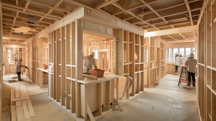 Step by step installation of wooden house frame with workers and partitions in apartment building - obrazy, fototapety, plakaty