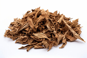 Dried tobacco leaves on a white background