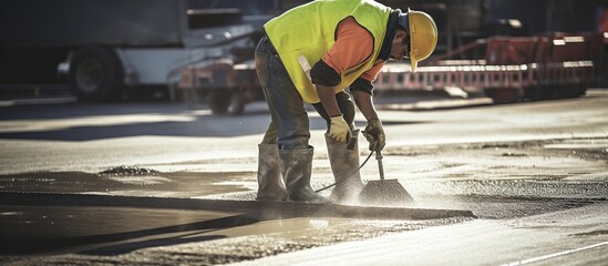 Construction workers leveling concrete pavement. - obrazy, fototapety, plakaty