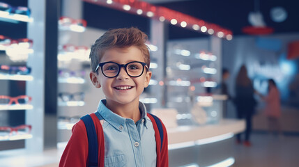 Blond Smiling happy boy wearing glasses stands in an optical store near showcase with glasses. Vision correction, glasses store visually impaired children. - obrazy, fototapety, plakaty