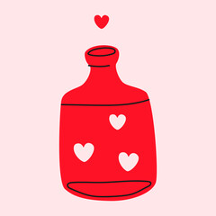Love potion icon. Love spell magic bottle with pink hearts graphic isolated on pink background. Romantic print.Vector illustration.