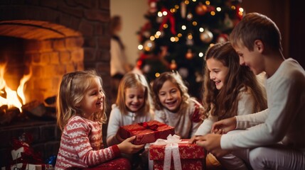 Bambini ricevono regali di Natale, allegria a casa, felicità, vigilia