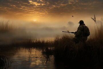 Capture the essence of an exhilarating moment as a skilled duck hunter takes aim and skillfully shoots down a flying duck in mid-air. Positioned in a field surrounded by tall grasses